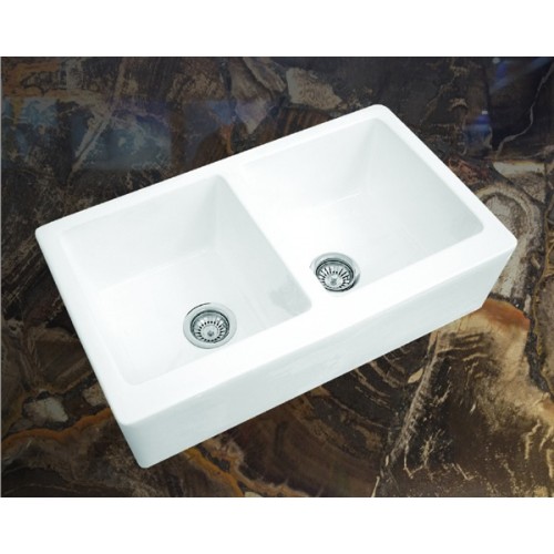 AFS2815 Double Bowl Fireclay White Farmhouse Sink with Fluted Apron Front